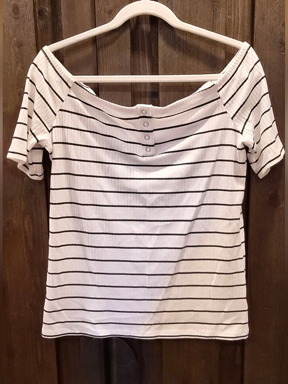 Torrid Off-Shoulder Black & White Striped Ribbed Tee